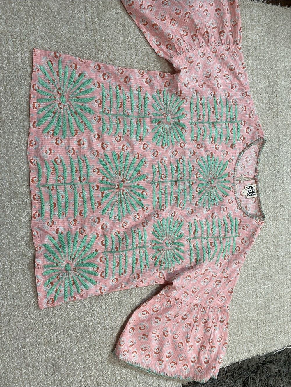 Sister Mary Elena Pink Green Embroidered Cotton Blouse Top Boho XS - Picture 14 of 16